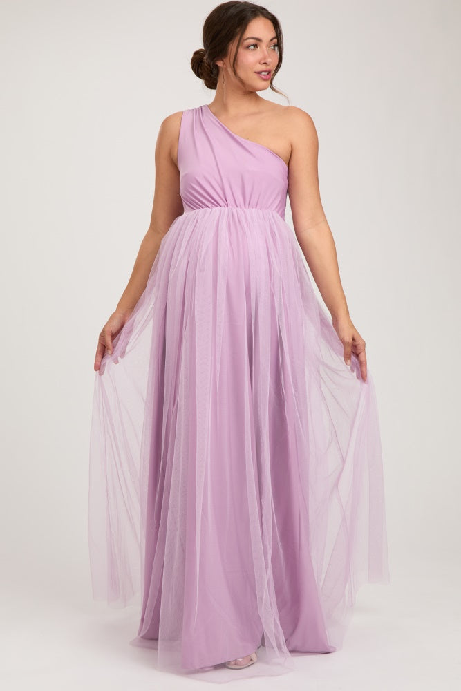 purple tulle maternity dress Lavender One Shoulder Tulle Maternity Maxi Dress