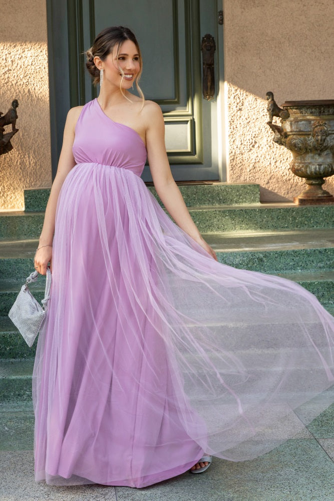 Lavender One Shoulder Tulle Maternity Maxi Dress PinkBlush Lavender One Shoulder Tulle Maternity Maxi Dress PinkBlush