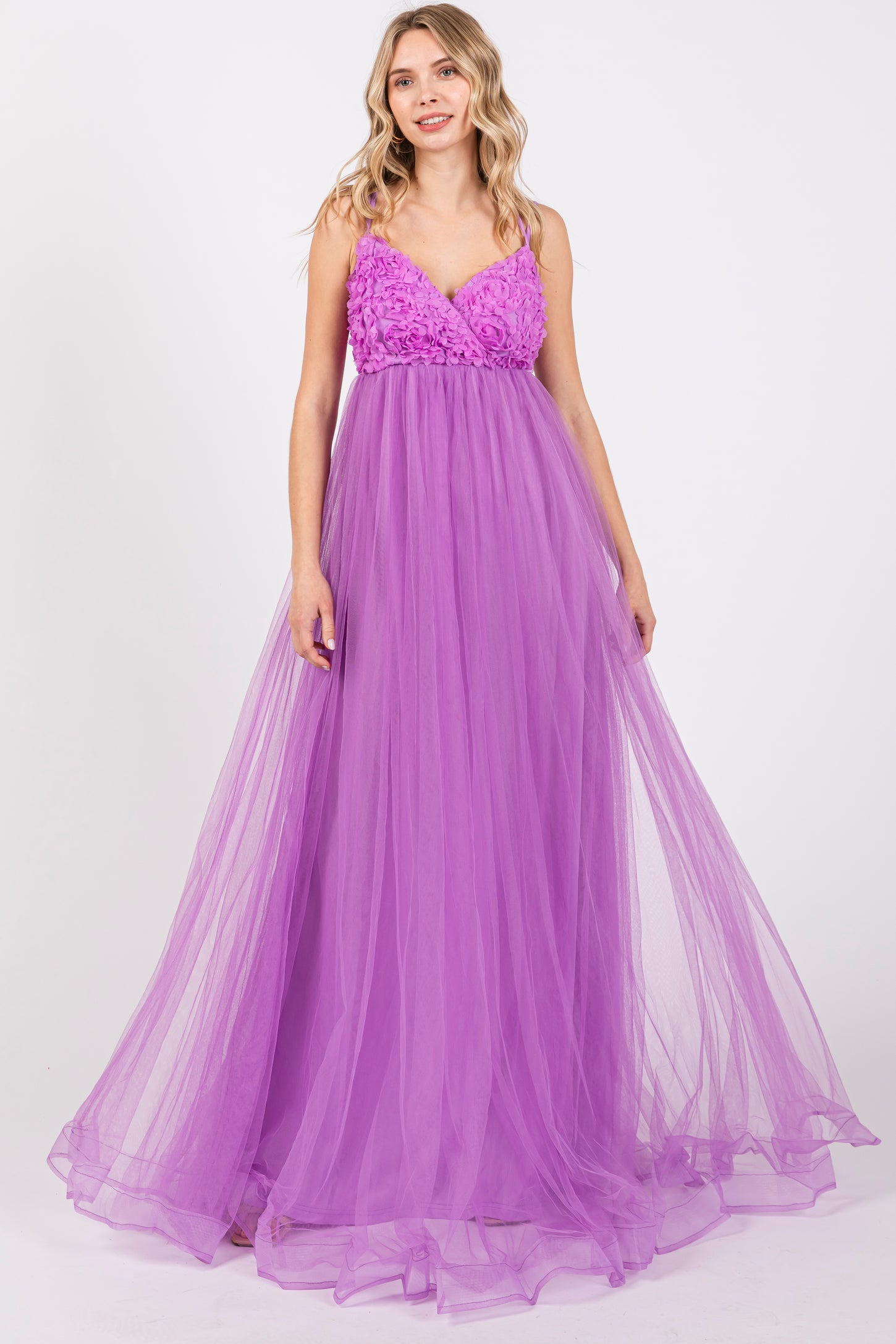 Purple Floral Applique Lace-Up Back Tulle Maxi Dress PinkBlush Purple Floral Applique Lace-Up Back Tulle Maxi Dress PinkBlush
