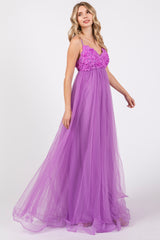 Purple Floral Applique Lace-Up Back Tulle Maternity Maxi Dress