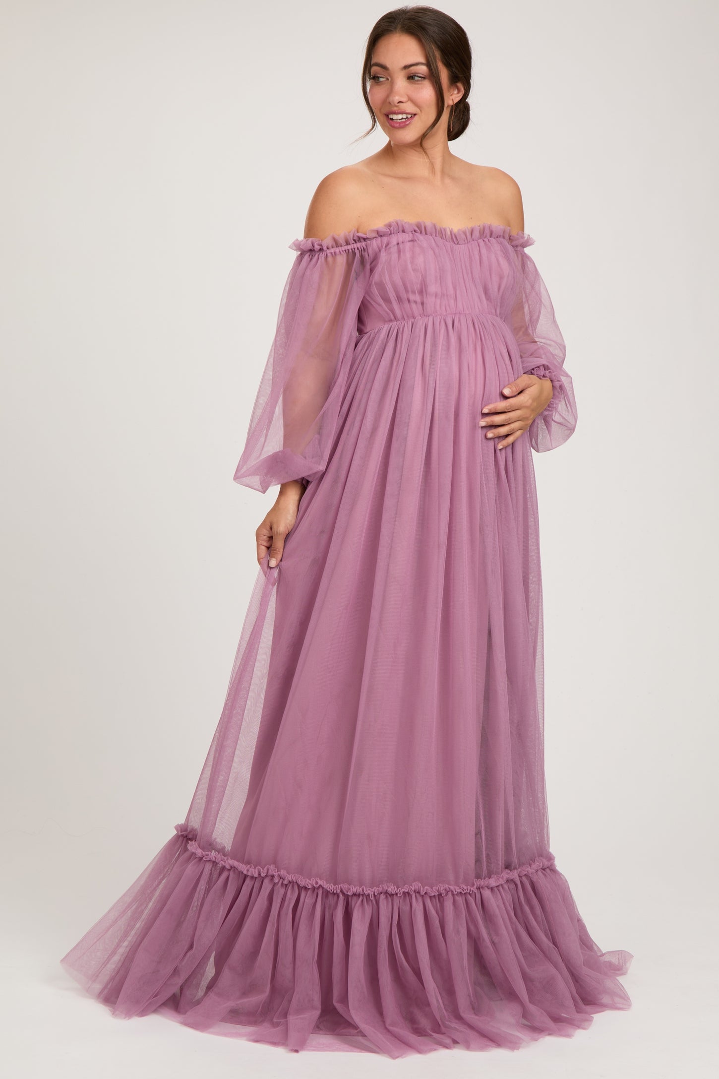 Mauve Sweetheart Neck Off Shoulder Long Sleeve Tulle Maternity Maxi Dr PinkBlush Mauve Sweetheart Neck Off Shoulder Long Sleeve Tulle Maternity Maxi Dr PinkBlush