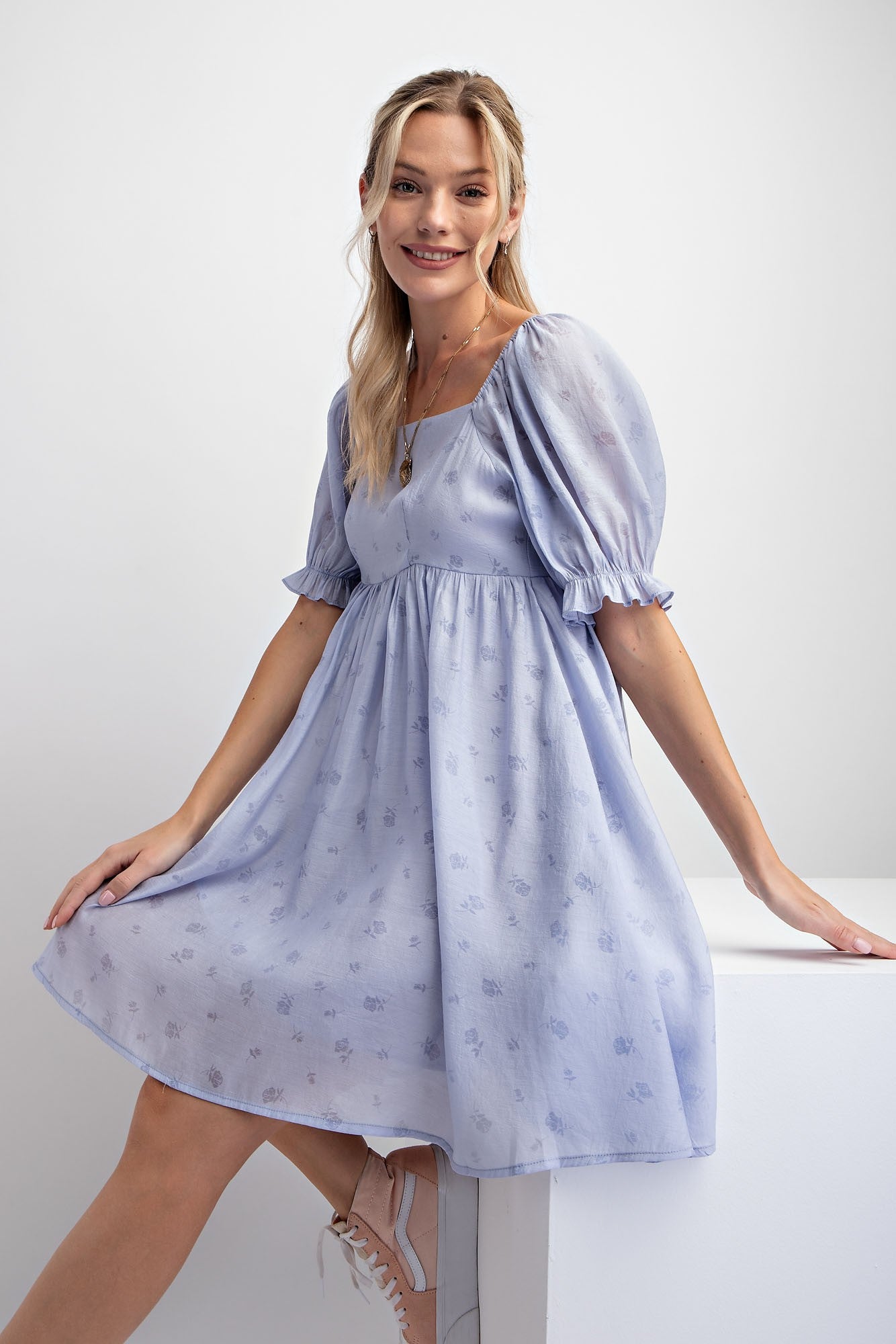 Light Blue Floral Puff Sleeve Dress – PinkBlush