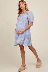 Light Blue Floral Puff Sleeve Maternity Dress