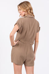 Taupe Gauze Button Up Front Pocket Romper