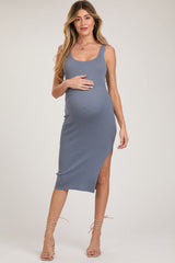 Blue Knit Fitted Maternity Midi Dress