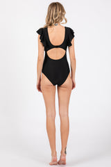 Black Crochet Detail Ruched One Piece Swimsuit