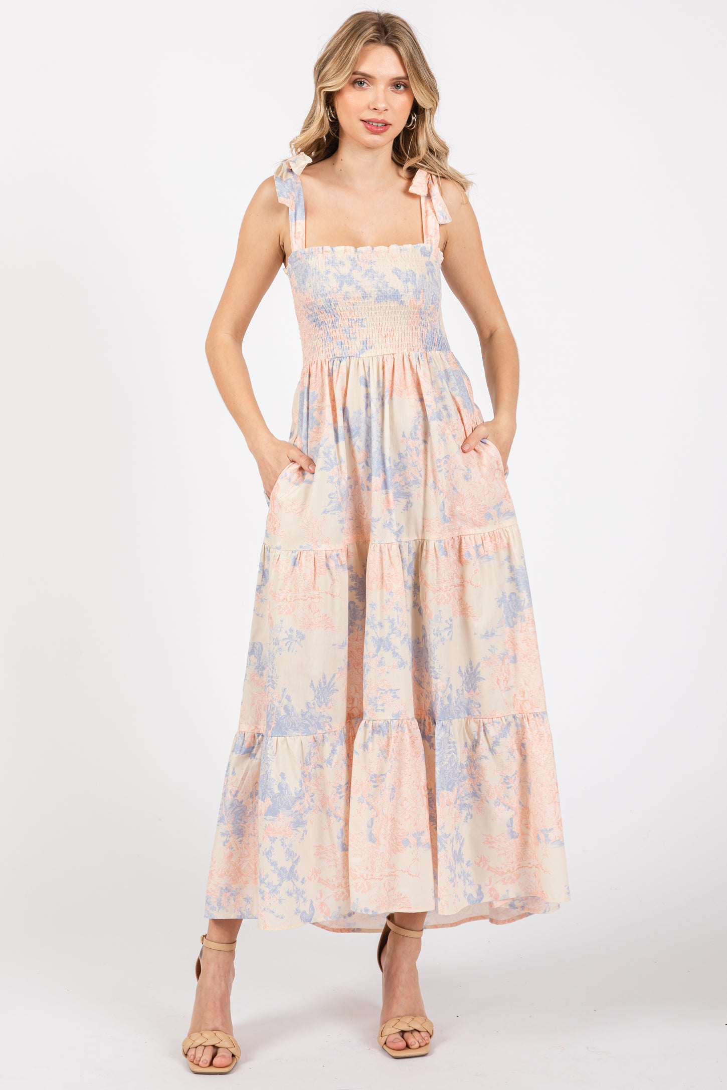 pastel multi color dress Multicolor Pastel Print Shoulder Tie Tiered Midi Dress