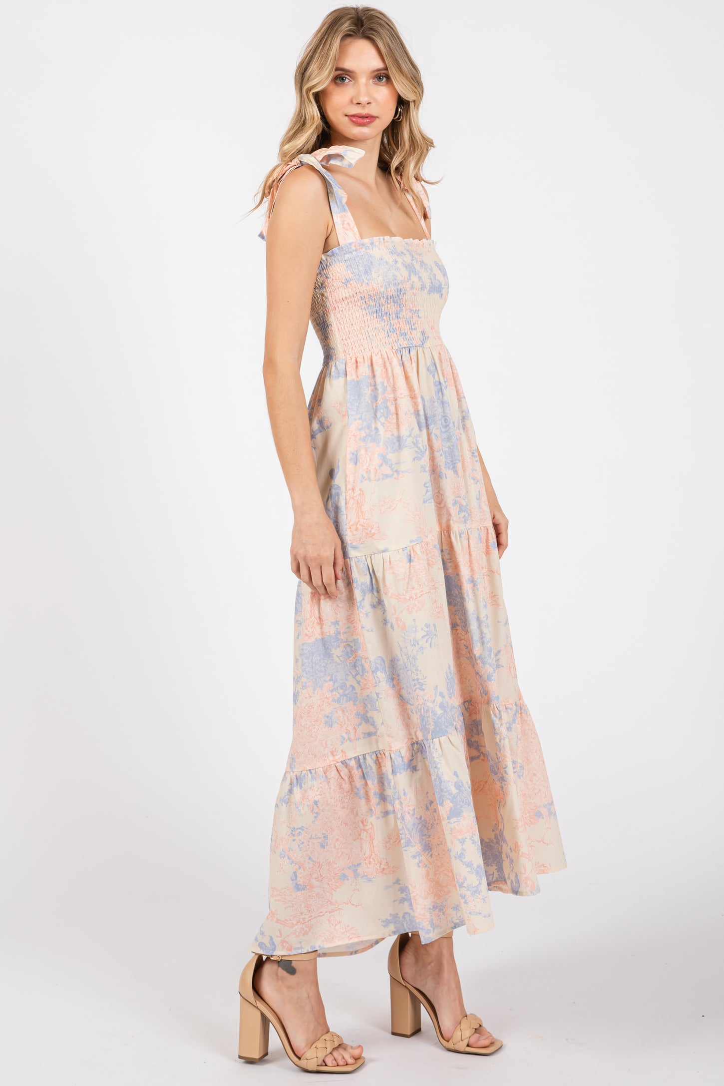 Multicolor Pastel Print Shoulder Tie Tiered Midi Dress – PinkBlush Multicolor Pastel Print Shoulder Tie Tiered Midi Dress – PinkBlush