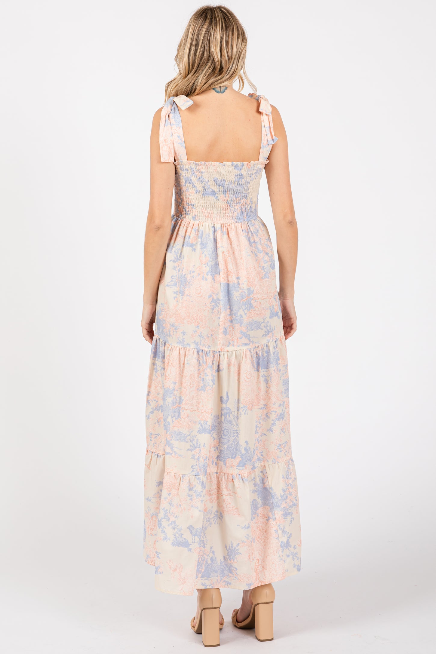 Multicolor Pastel Print Shoulder Tie Tiered Midi Dress PinkBlush Multicolor Pastel Print Shoulder Tie Tiered Midi Dress PinkBlush