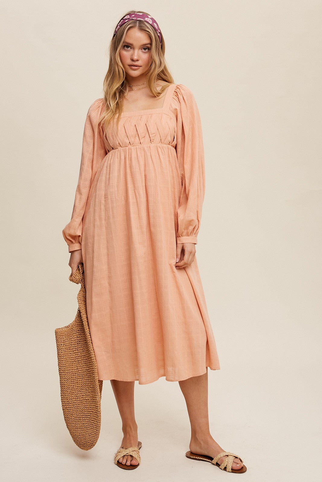 Peach Criss Cross Front Square Neck Long Sleeve Midi Dress – PinkBlush