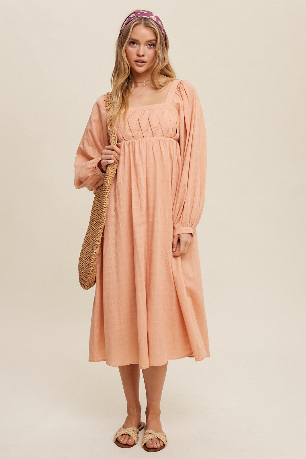 Peach Criss Cross Front Square Neck Long Sleeve Midi Dress PinkBlush Peach Criss Cross Front Square Neck Long Sleeve Midi Dress PinkBlush
