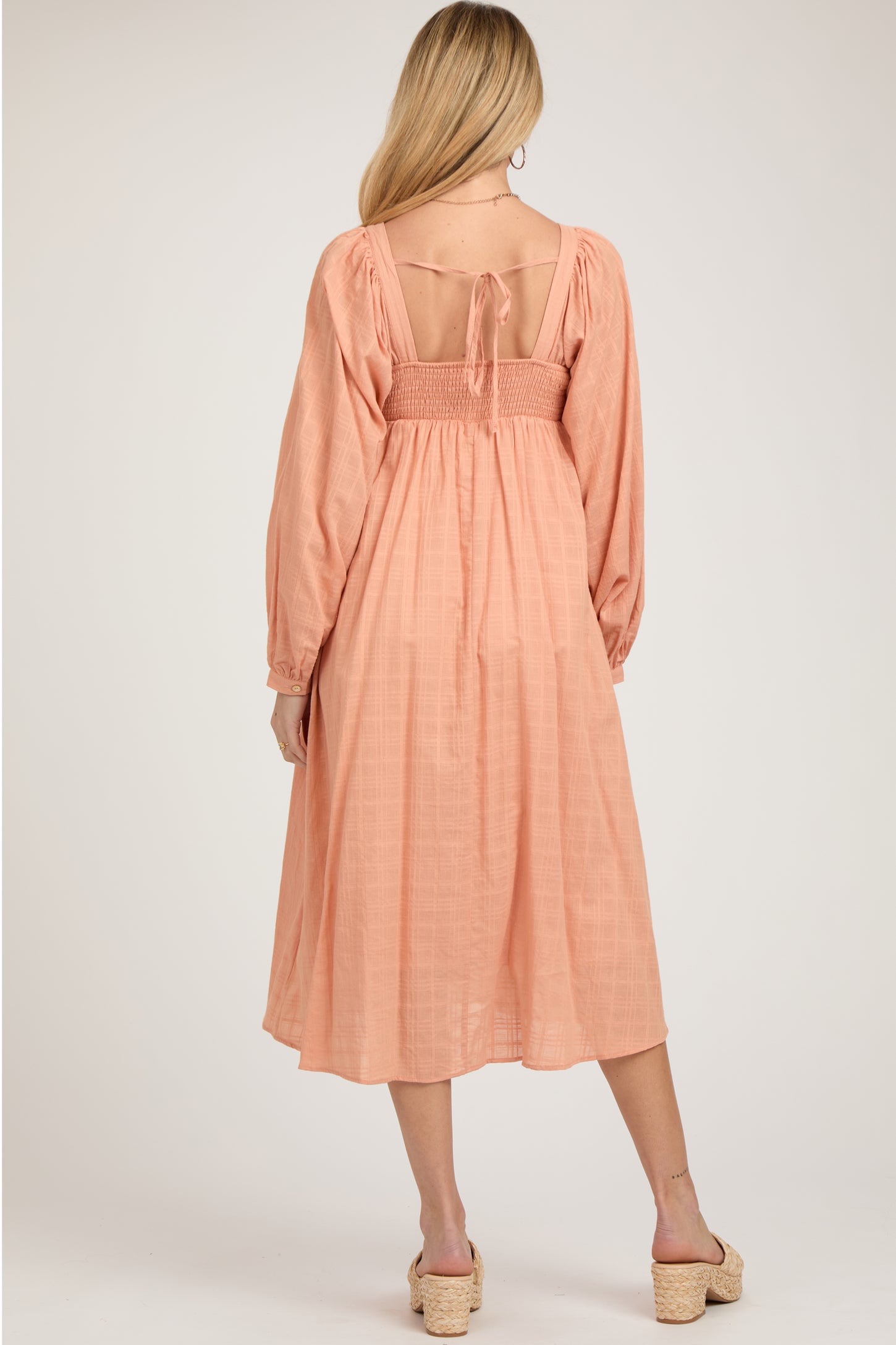 Peach Criss Cross Front Square Neck Long Sleeve Maternity Midi Dress
