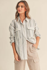 Ivory Striped Front Pocket Button Up Top