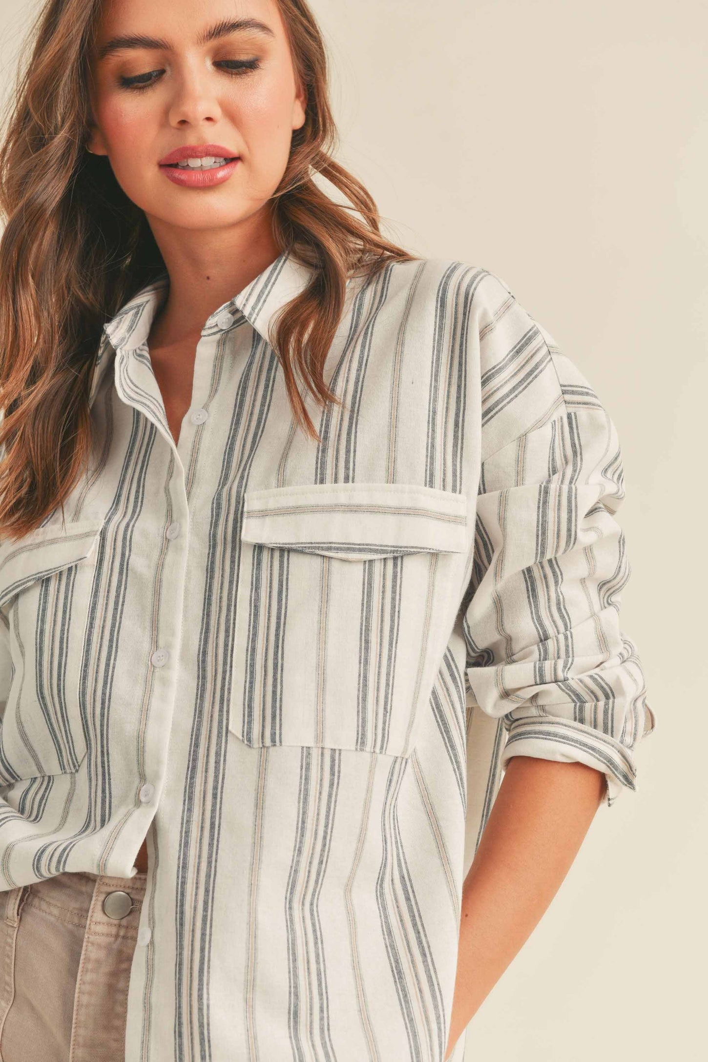 Ivory Striped Front Pocket Button Up Top