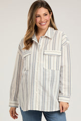 Ivory Striped Front Pocket Maternity Button Up Top