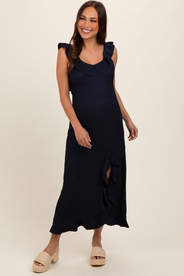 Navy Textured Sleeveless Ruffle Slit Maternity Maxi Dress
