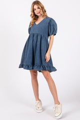 Blue Chambray Puff Sleeve Maternity Dress