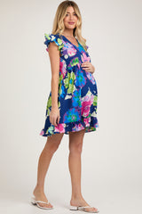 Navy Blue Floral Ruffle Shoulder Maternity Dress