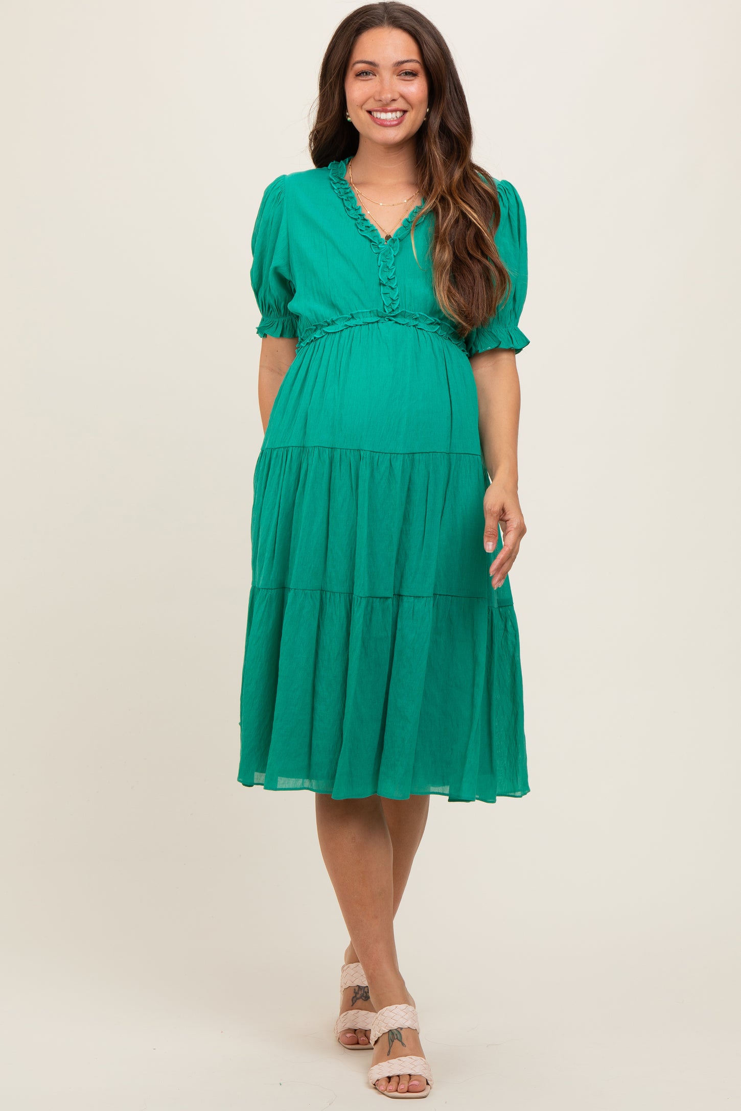 Floral Maternity Wrap Midi Dress Emerald Green Ruffle Trim Tiered Maternity Dress PinkBlush Floral Maternity Wrap Midi Dress Emerald Green Ruffle Trim Tiered Maternity Dress PinkBlush