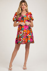 Multi-Color Floral Puff Sleeve Ruffle Hem Maternity Dress