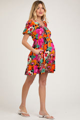 Multi-Color Floral Puff Sleeve Ruffle Hem Maternity Dress