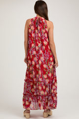 Red Floral Halter Maternity Maxi Dress
