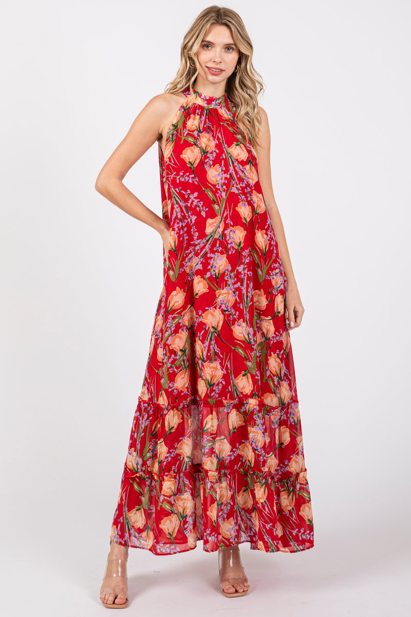 Red Floral Halter Maxi Dress – PinkBlush