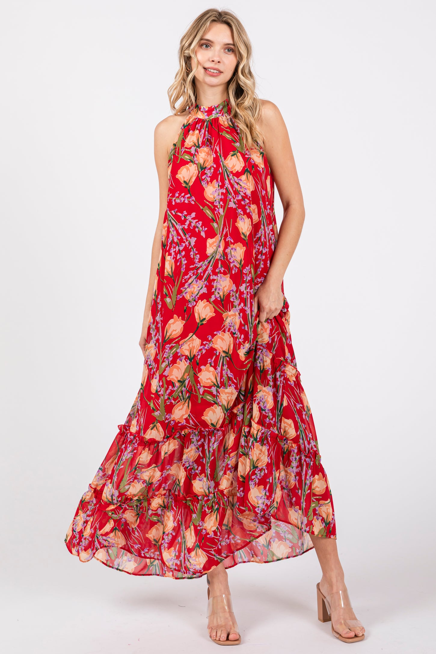 Red Floral Halter Maxi Dress PinkBlush Red Floral Halter Maxi Dress PinkBlush