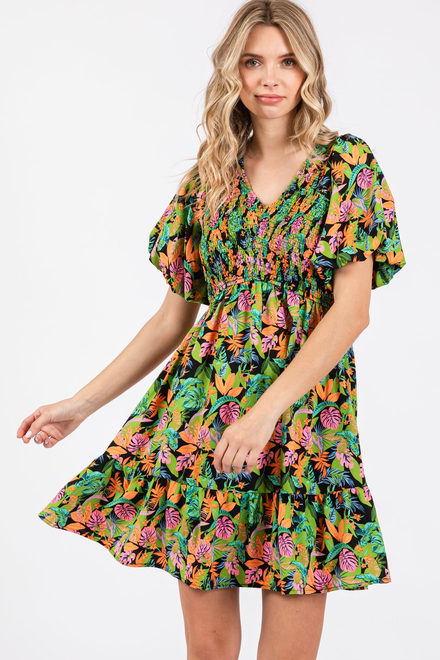 Green Multi-Color Tropical Print Ruffle Hem Dress Green Multi-Color Tropical Print Ruffle Hem Dress