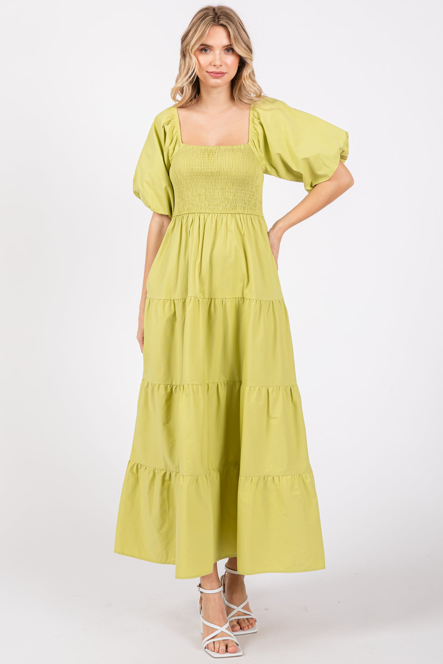 Light Olive Smocked Square Neck Puff Sleeve Tiered Maxi Dress
