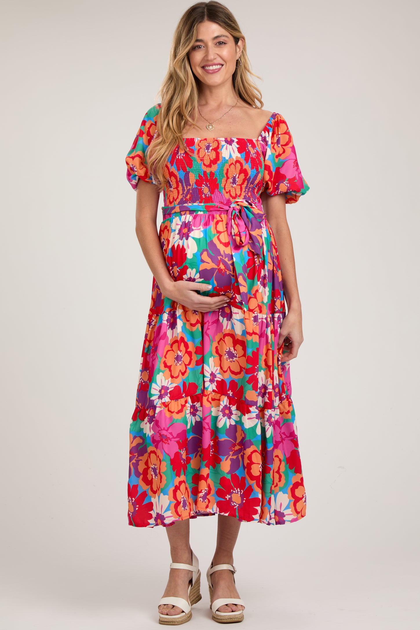 Red Floral Square Neck Smocked Tiered Maternity Midi Dress– PinkBlush