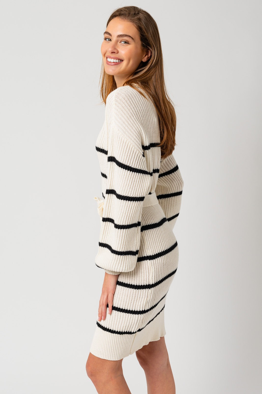 White-Black Striped Knit Collared Long Sleeve Sweater Dress– PinkBlush