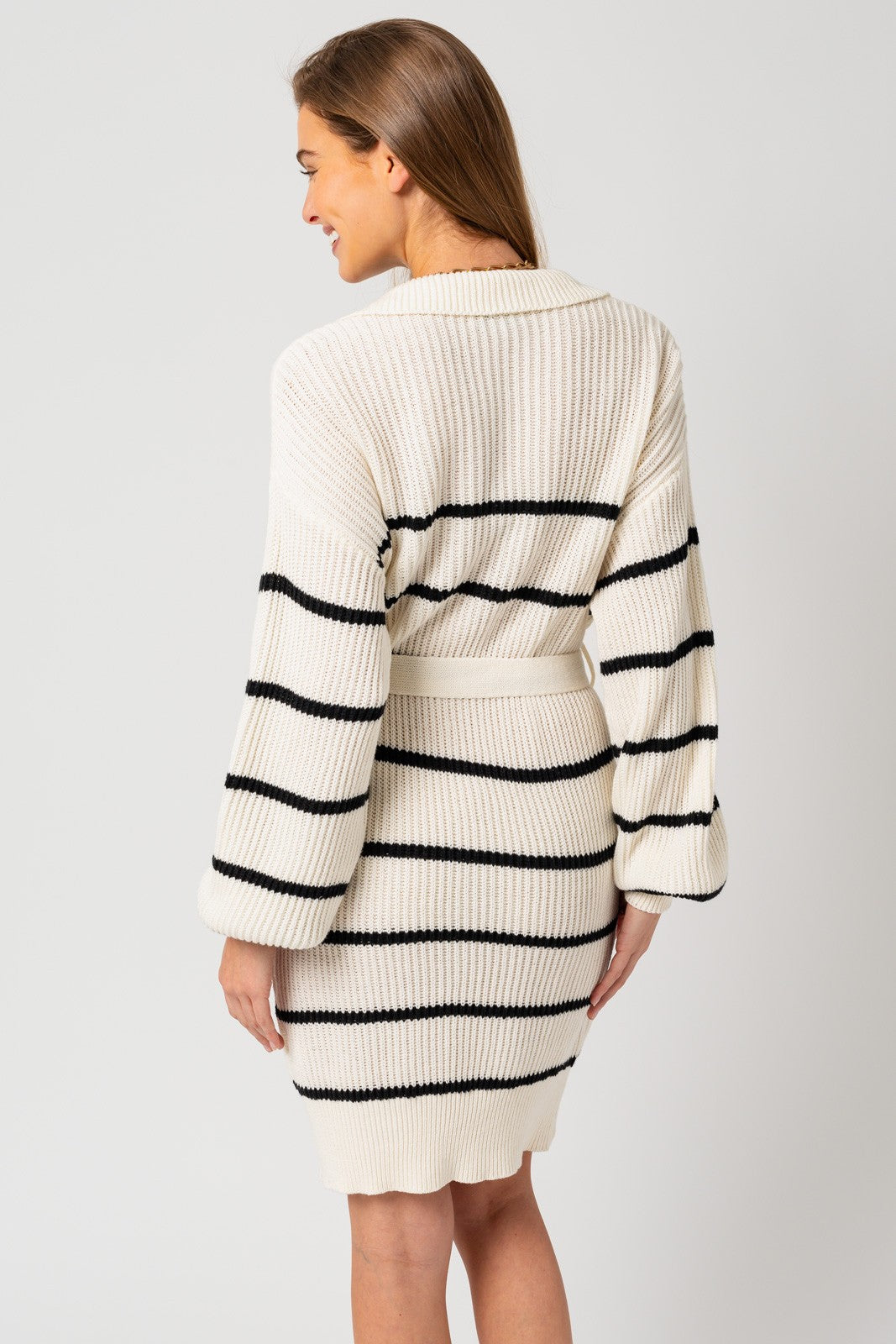 White-Black Striped Knit Collared Long Sleeve Sweater Dress