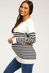 White Striped Elbow Patch Knit Maternity Sweater