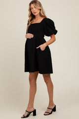 Black Textured Bubble Sleeve Maternity Mini Dress