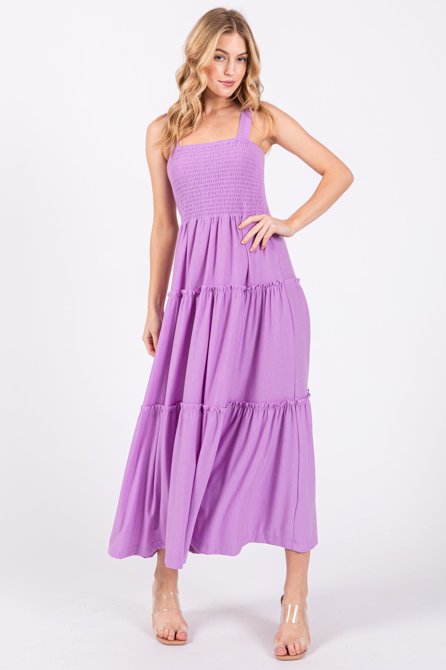 Lavender Sleeveless Tiered Maternity Maxi Dress