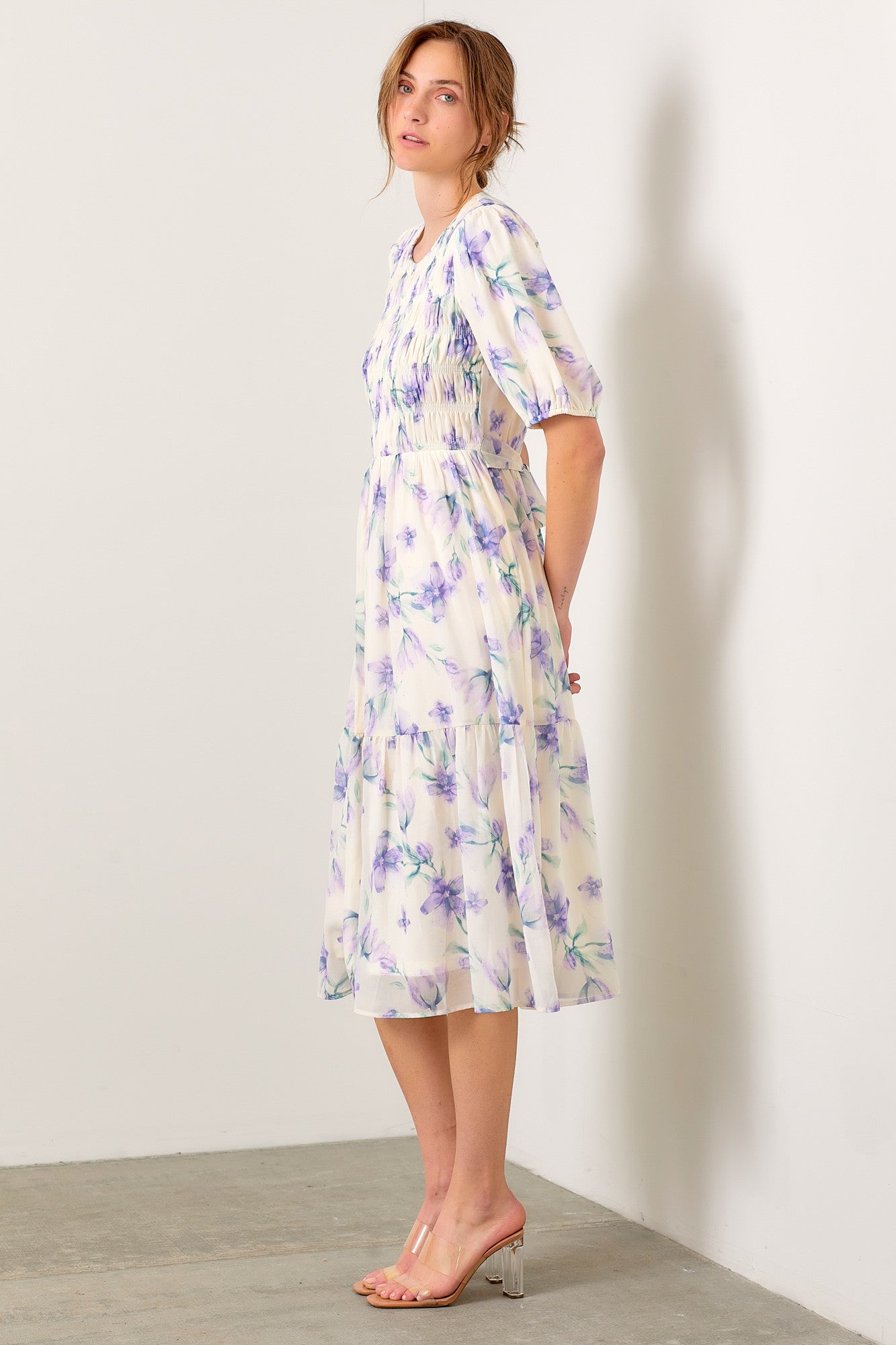 Cream Smocked Ruffle Hem Midi Dress