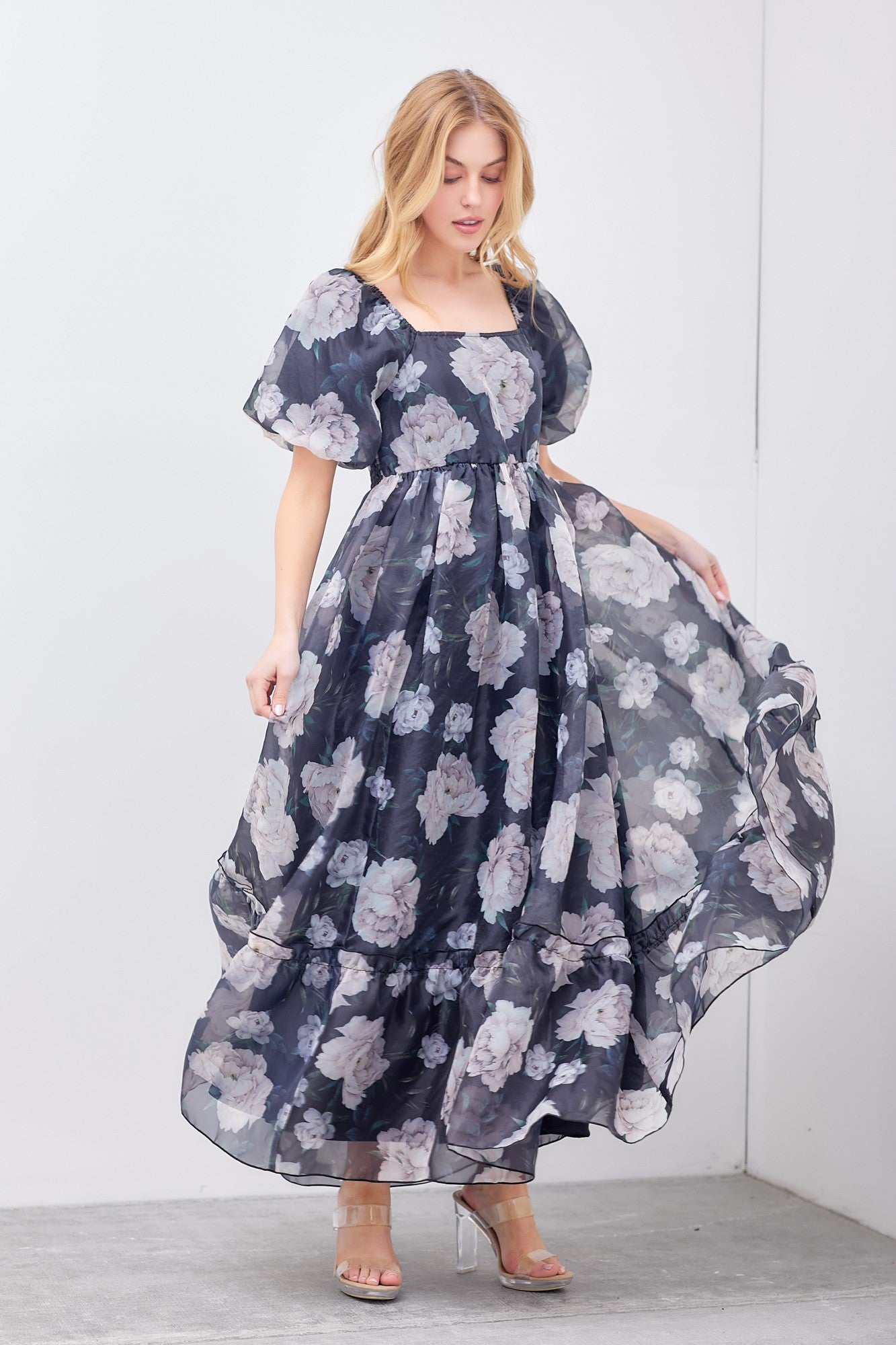 black floral organza dress Black Floral Gown - Black Organza Gown - Tiered Ruffled Gown