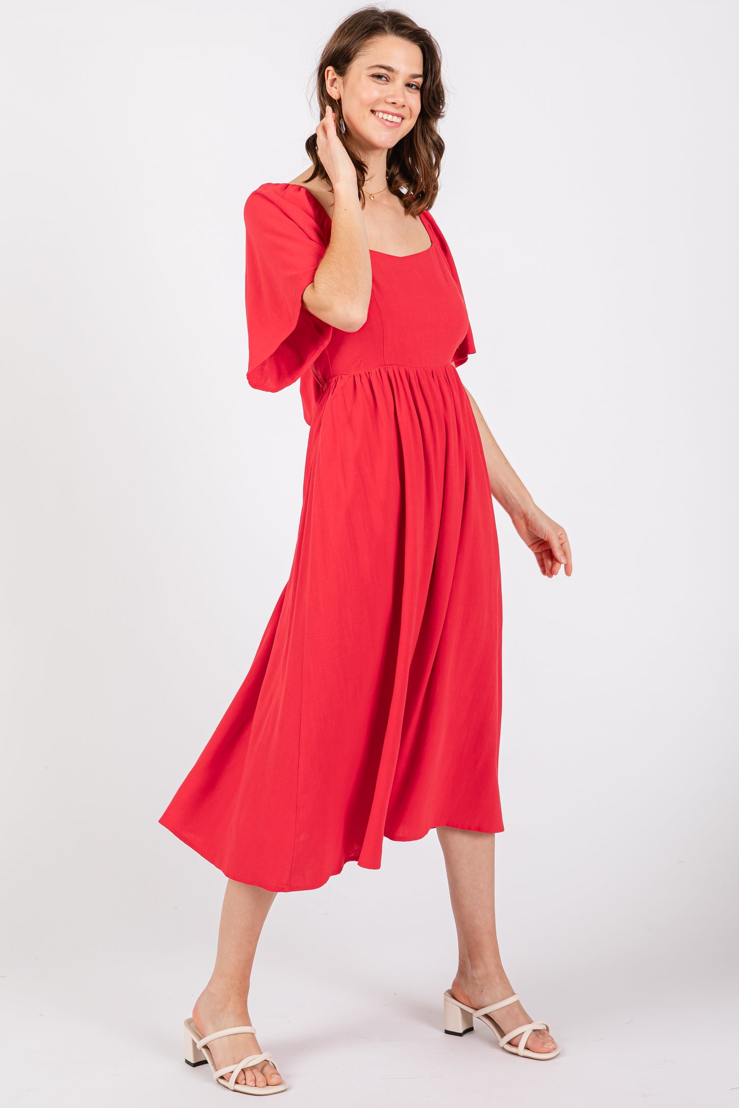 Red Flutter Short Sleeve Back Tie Cutout Maternity Midi Dress Red Flutter Short Sleeve Back Tie Cutout Maternity Midi Dress