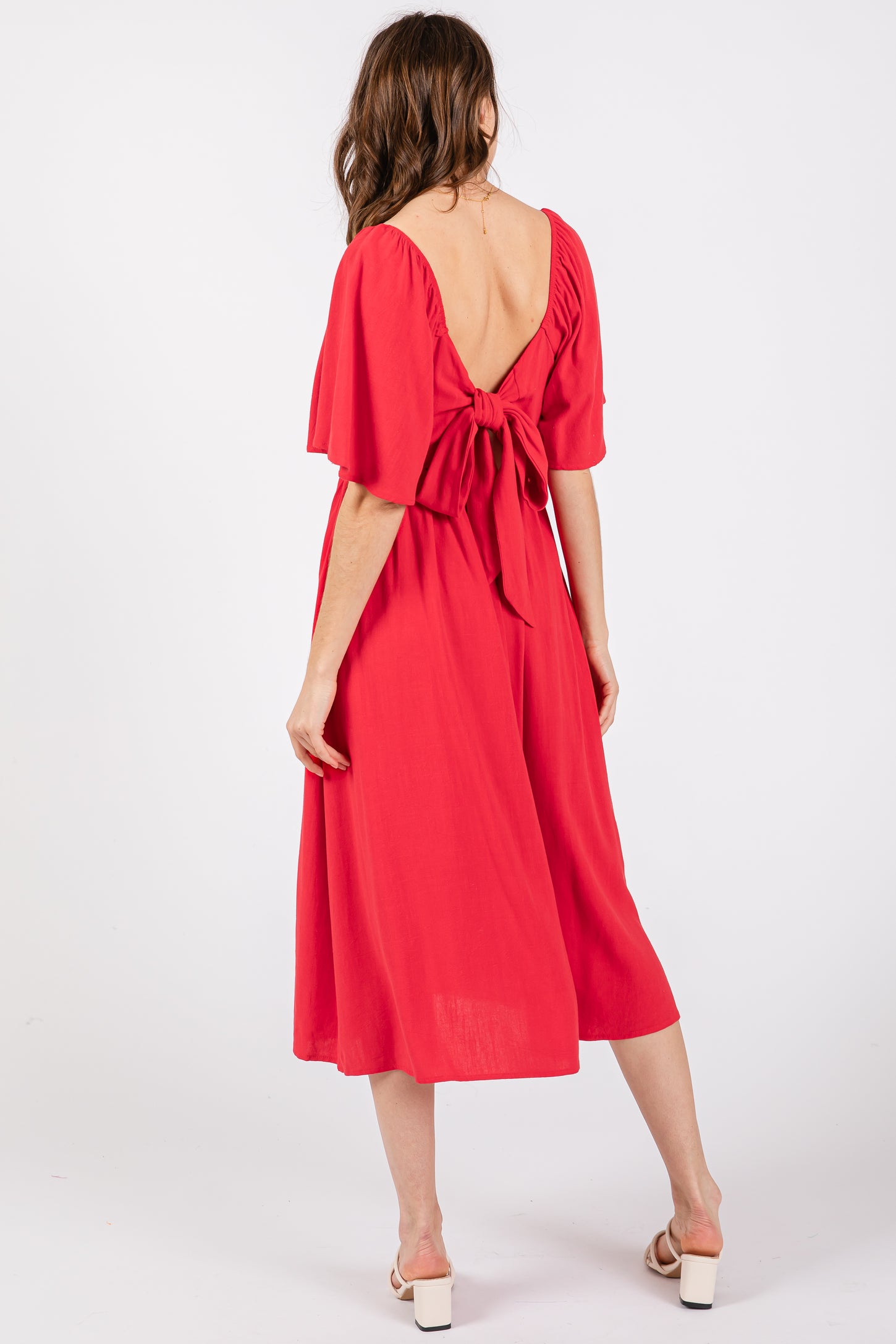 Red Flutter Short Sleeve Back Tie Cutout Midi Dress Red Flutter Short Sleeve Back Tie Cutout Midi Dress
