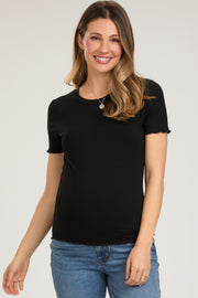 Black Ribbed Fitted Lettuce Trim Maternity Top