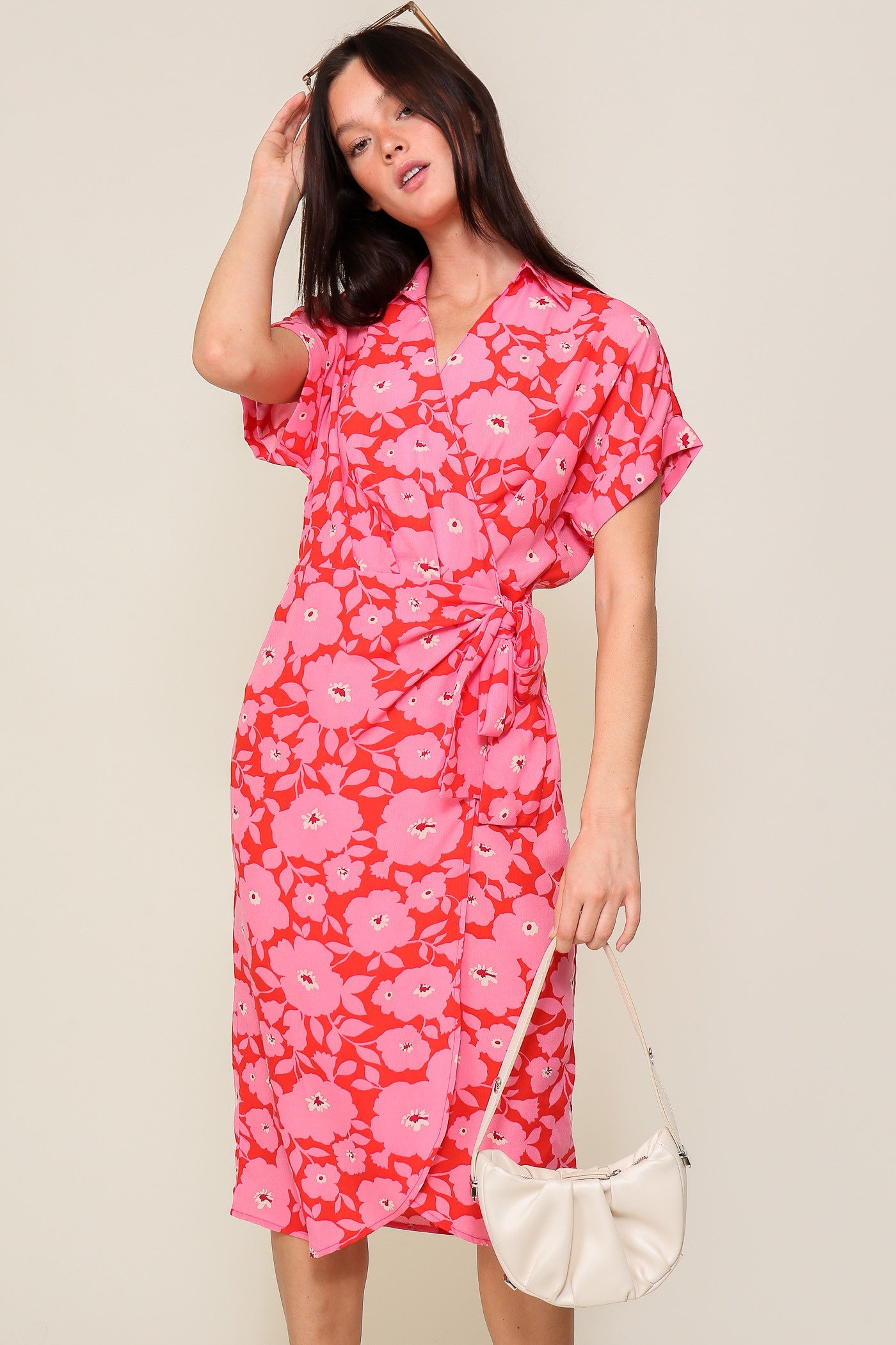 Orange Fuchsia Surplice Floral Print Wrap Midi Dress PinkBlush Orange Fuchsia Surplice Floral Print Wrap Midi Dress PinkBlush