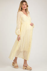 Yellow Embroidered Maternity Button Down Maxi Dress