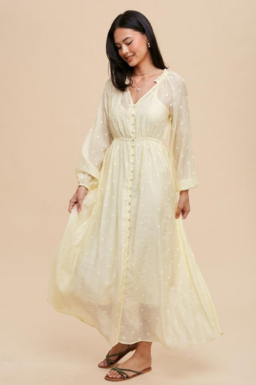 Yellow Embroidered Button Down Maxi Dress