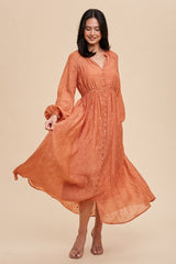 Rust Embroidered Button Down Maxi Dress