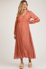 Rust Embroidered Maternity Button Down Maxi Dress