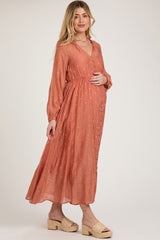 Rust Embroidered Maternity Button Down Maxi Dress