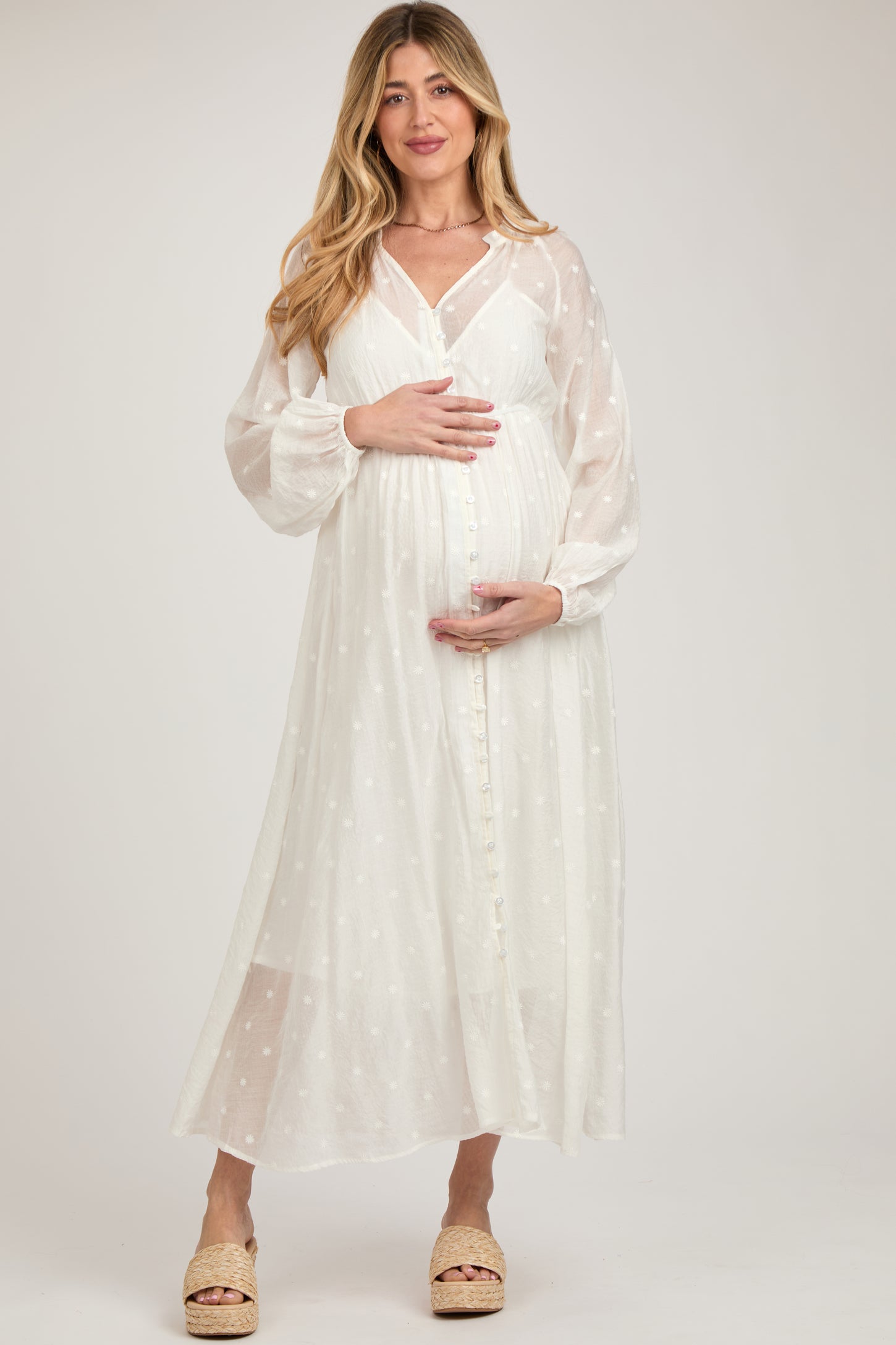 Ivory Embroidered Maternity Button Down Maxi Dress PinkBlush Ivory Embroidered Maternity Button Down Maxi Dress PinkBlush