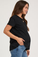 Black Raw Hem Maternity Short Sleeve Top