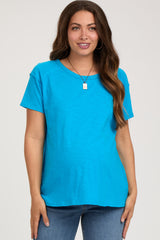 Blue Raw Hem Maternity Short Sleeve Top